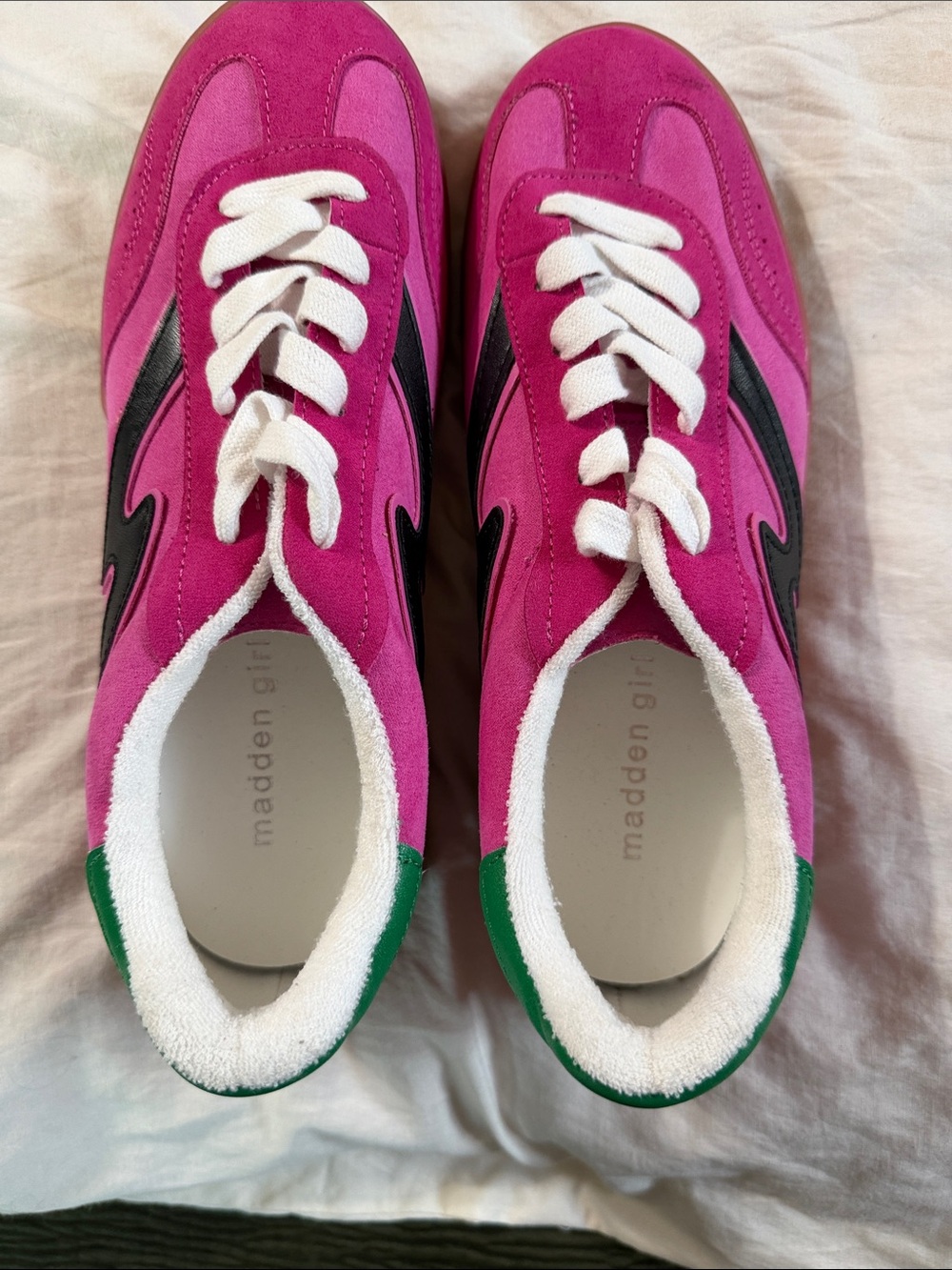 Madden Girl Pink and Black Suede Lace-Up Sneakers with Green Heel